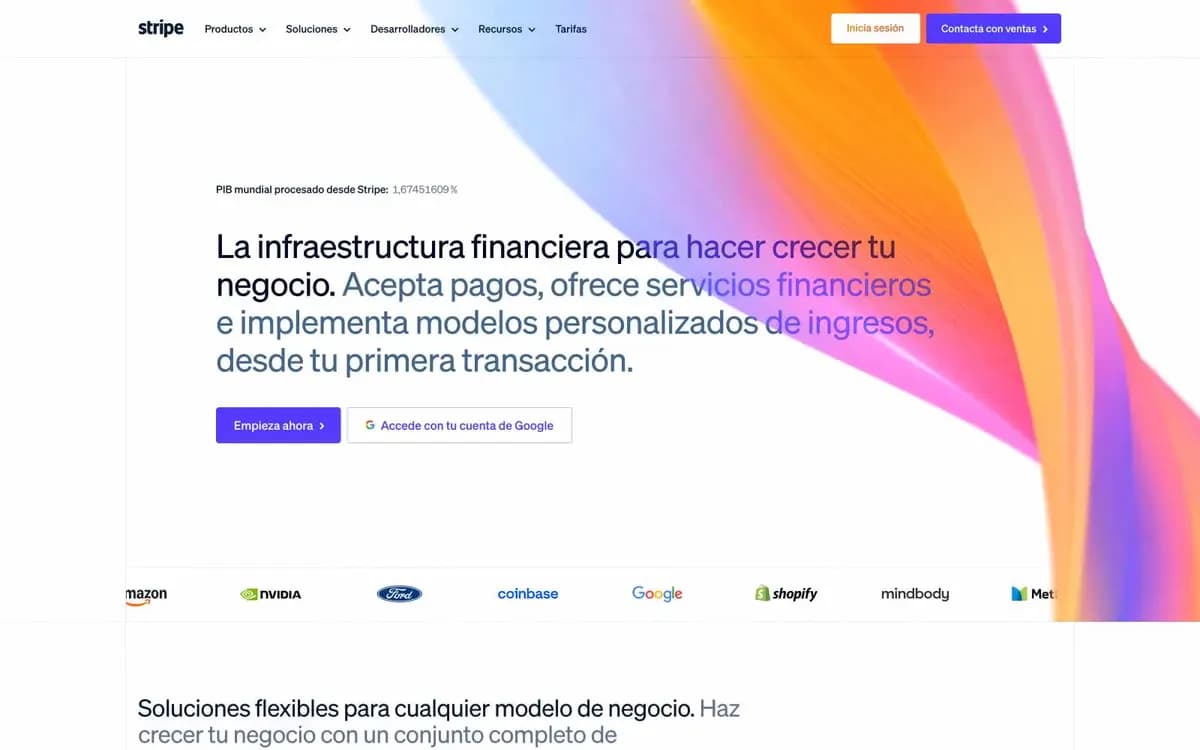 Stripe’s homepage as captured for GradientDeck UI: light headlines, one indigo button beside an outlined one