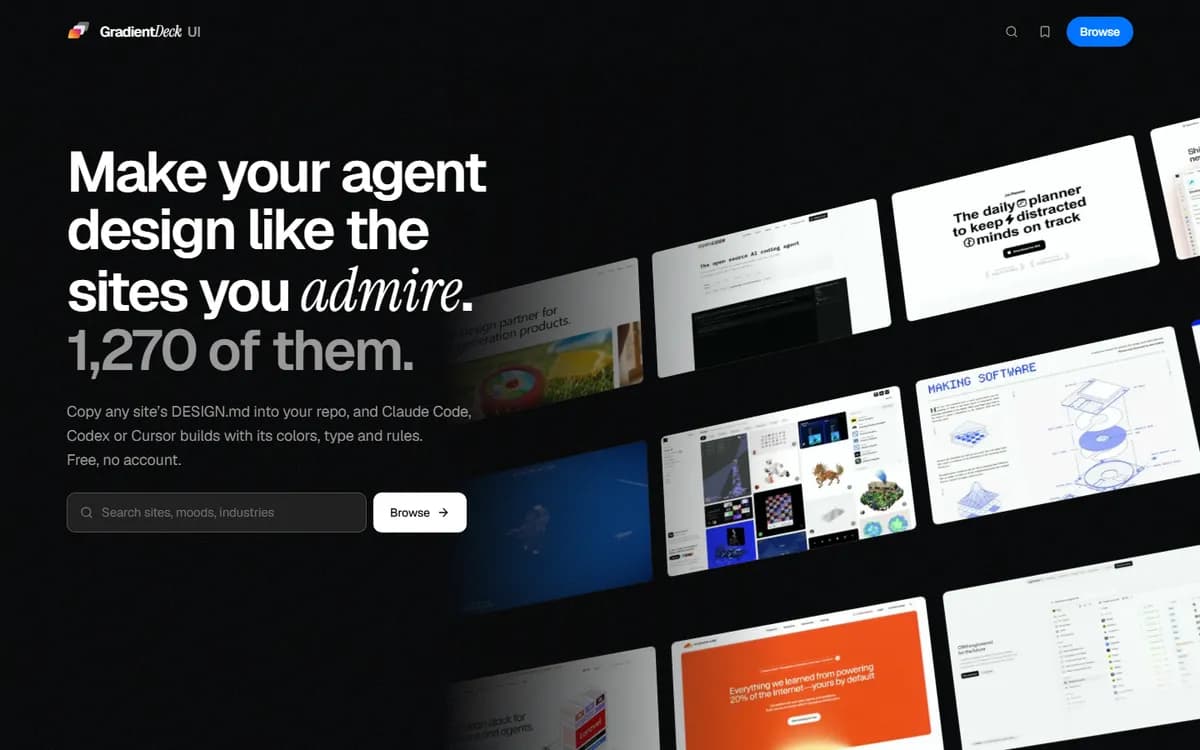 The GradientDeck UI library: a wall of real website captures beside a search field