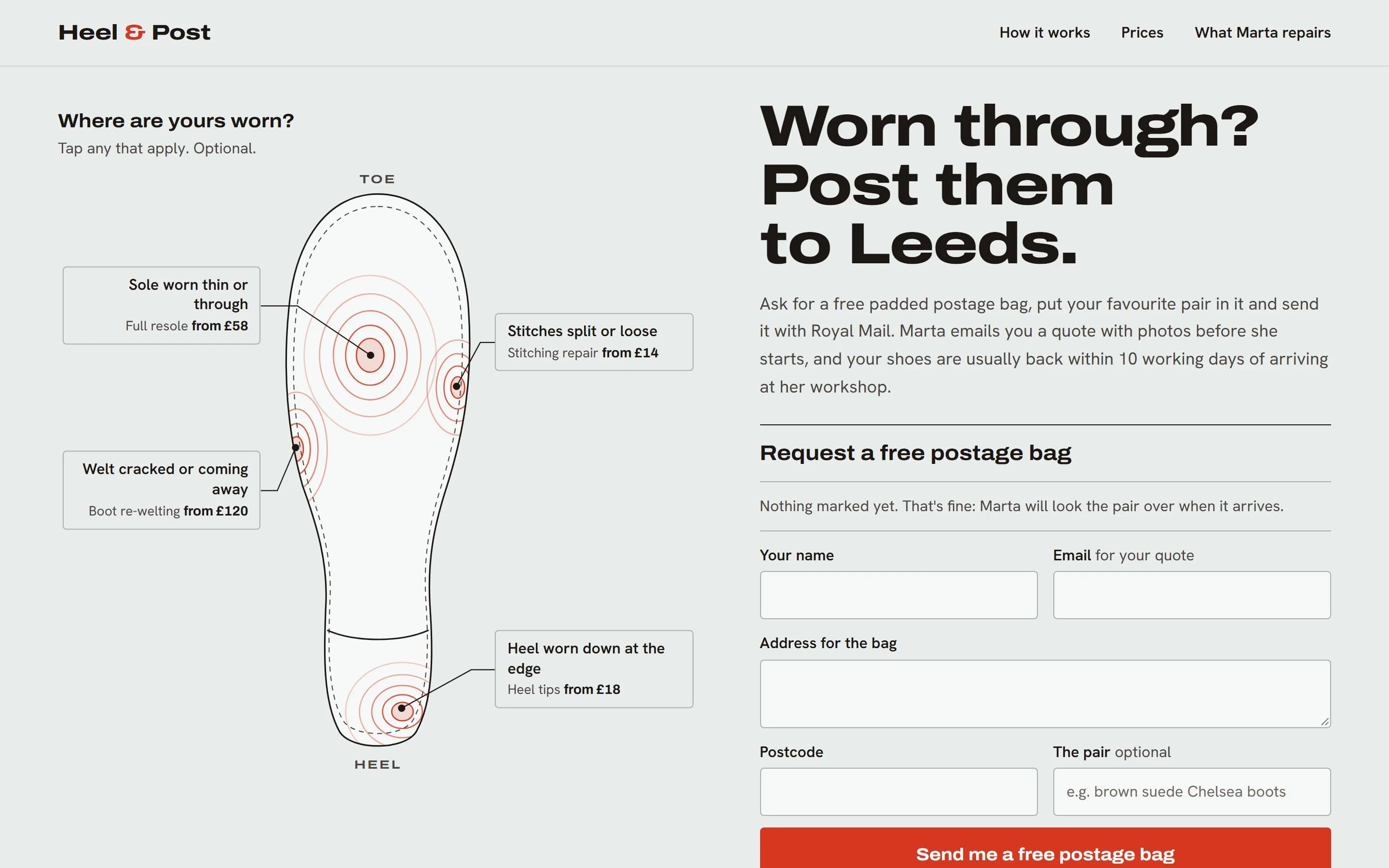 Heel & Post, a shoe repair page built with GradientDeck Skill